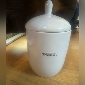 Rae Dunn Jar with “Sweet” in typewriter font on front